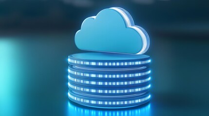 Poster - blue cloud icon with digital data stacks in a modern technology conceptual background