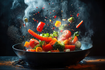 Wall Mural - Steam rises from a bowl of colorful vegetables.