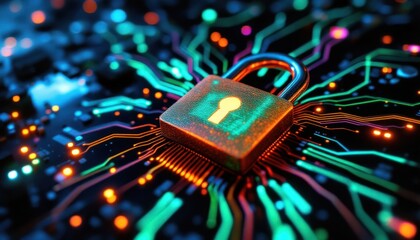 Poster - Secure digital network technology with illuminated lock on circuit board