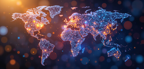 Poster - World geometric and earth for connection ,community and society Map networking and communication, planet model with decoration, abstract design or geometric link of business and global economy, 4k