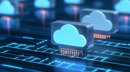 Poster - Digital Cloud Computing Concept with Cloud Symbols Over Data Circuit Board in Technology Environment