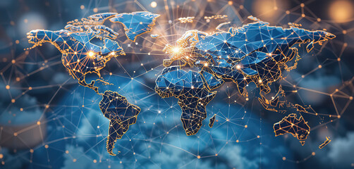 Poster - World geometric and earth for connection ,community and society Map networking and communication, planet model with decoration, abstract design or geometric link of business and global economy, 4k