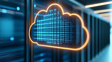 Poster - Digital Cloud Icon Overlay on Modern Data Center Background with Glowing Lines and Server Racks
