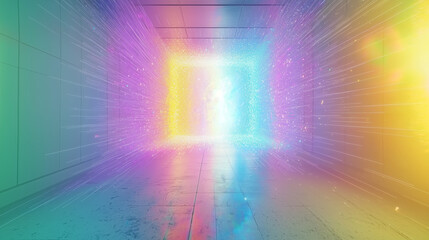 A science fiction scene of a quantum portal opening in a research facility, emitting a dazzling array of colors and particles, blending advanced technology with otherworldly energy.