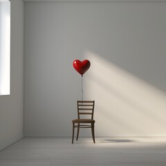 Poster - A minimalist setup with a heart-shaped balloon tied to a chair in an empty room with soft natural light streaming in from the side