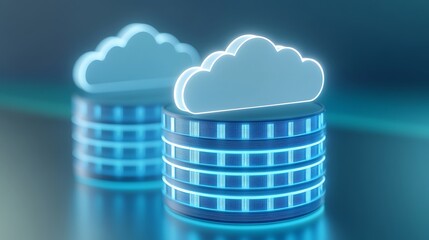 Poster - digital cloud storage concept with futuristic data servers and glowing elements in a modern environm