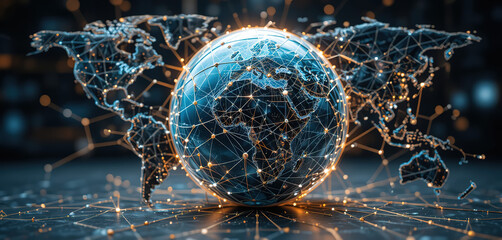 Poster - World geometric and earth for connection ,community and society Map networking and communication, planet model with decoration, abstract design or geometric link of business and global economy, 4k