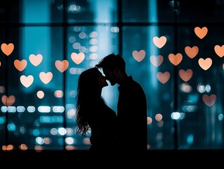 Poster - Valentine's Day soulmate story, a couple silhouetted against a glowing city skyline, heart-shaped lights in the foreground, cinematic romance, dreamy tones of blue and pink, space for text or branding