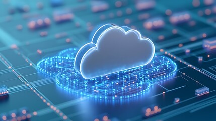 Poster - Digital Cloud Storage Concept with Neon Lights and Circuit Board Elements for Technology Visuals