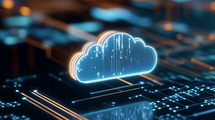 Poster - Digital cloud symbol with glowing lines on circuit board background for technology and data storage concepts