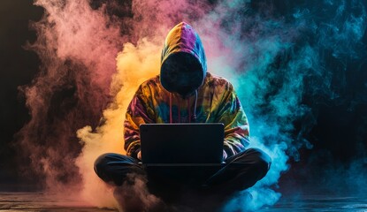 Poster - Hooded figure using laptop in colorful smoke. (7)
