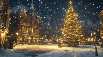 Enchanting christmas market at night with festive lights and snowfall