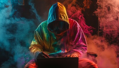Poster - Hooded figure using laptop in smoky, colorful environment. (1)