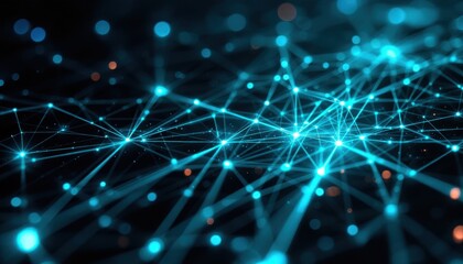 Poster - Glowing blue network of interconnected nodes and lines in a digital matrix