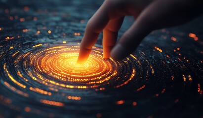 Poster - Fingertip activating glowing digital spiral.