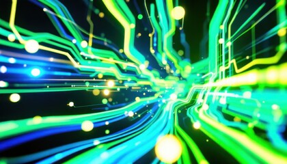 Fototapete - Vibrant neon light trails in abstract digital matrix