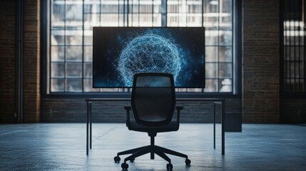 Poster - displayed on a large monitor, empty chair in front, highlighting the concept of AI taking over human creative tasks