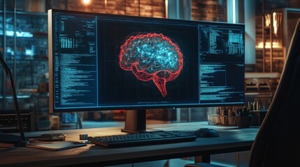 Poster - image on a home computer's large monitor, empty chair highlighting the absence of human creativity in the creation process.