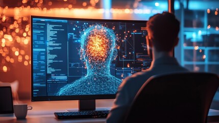 Poster - image on a home computer's large monitor, empty chair highlighting the absence of human creativity in the creation process.