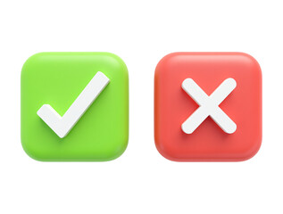 two square buttons designed for user interaction. on the left, a green button displays a white check