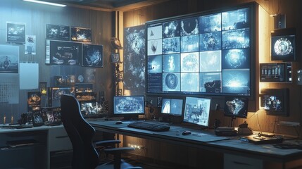 Poster - Home computer with a large screen displaying AI-generated art, empty chair emphasizing the automation of creative work.