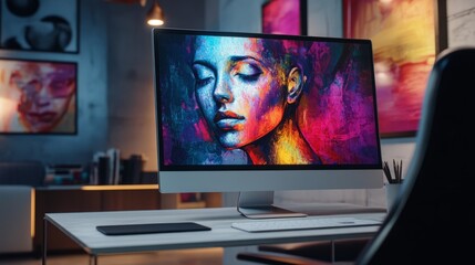 Poster - Home computer with a large screen displaying AI-generated art, empty chair emphasizing the automation of creative work.