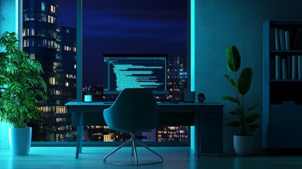 Poster - Home computer with a large screen showing an AI-generated image from a text prompt, empty chair symbolizing AI's role in creative work