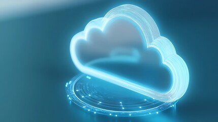 Poster - Futuristic Cloud Computing Concept with Blue Neon Light and Digital Elements on Abstract Background