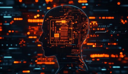 Poster - AI, digital head with glowing circuit board inside.