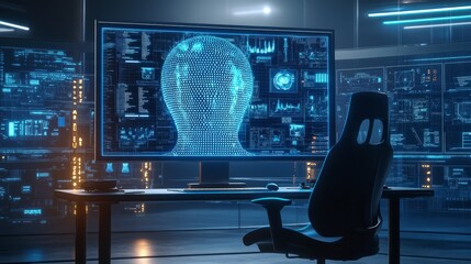 Poster - Home office setup with a large monitor showing an AI-generated image, empty chair symbolizing AI's dominance in creative processes.