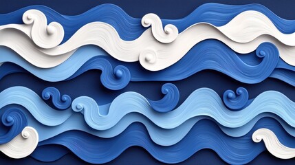 Poster - abstract blue and white paper waves in a curved pattern
