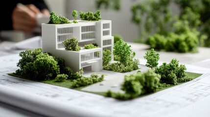 Poster - Architectural model showcasing modern house design surrounded by greenery, emphasizing sustainability and innovative landscape integration for future living spaces.
