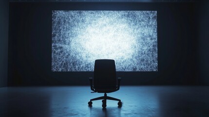 Poster - Large screen displaying empty chair in front, illustrating the concept of AI supplanting human creativity in digital design. -