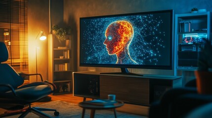 Poster - Large screen on a home computer displaying an image generated by AI, empty chair emphasizing the absence of human involvement in the creative process.