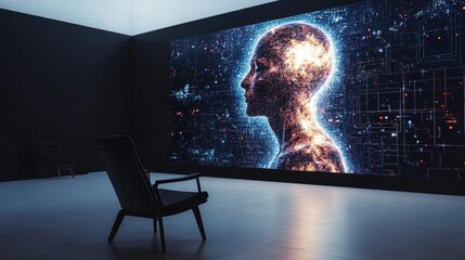 Poster - Large screen displaying empty chair in front, illustrating the concept of AI supplanting human creativity in digital design. -