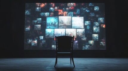 Poster - large screen showing empty chair in front, illustrating the concept of ai replacing human effort in 