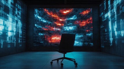 Poster - large screen showing empty chair in front, illustrating the concept of ai replacing human effort in 