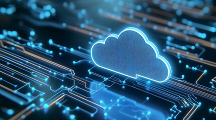 Poster - Futuristic Cloud Computing Concept with Digital Circuitry and Neon Lights Displayed on Dark Background