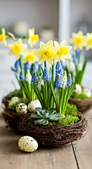 Wall Mural - Spring Floral Arrangement with Daffodils, Moss, and Quail Eggs in Rustic Nest Display