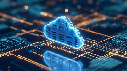 Poster - Futuristic Cloud Computing Concept with Neon Lines and Digital Circuitry Background in Blue and Orange Hues