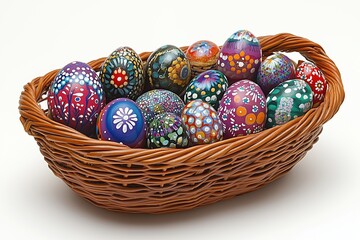 A basket filled with colorful hand-painted Easter eggs