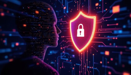 Poster - Silhouette of person with digital lock shield symbolizing cybersecurity and data protection