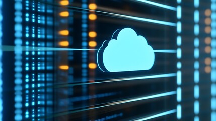 Poster - Futuristic Data Storage Cloud Concept with Striking Blue Neon Connections and Digital Background