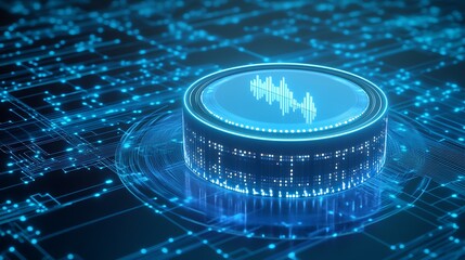 Poster - futuristic data visualization with audio waves on a digital circuit background in blue tones