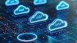 © Tackey - Futuristic Digital Cloud Computing Concept with Glowing Cloud Icons on Abstract Circuit Background