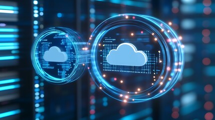 Poster - futuristic digital cloud computing concept with data visualization and modern server technology