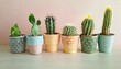 © MP_Artworks - An artistic display of diverse cacti in colorful pots with decorative patterns, set against a bright, minimalistic background, highlighting the unique shapes and textures of the plants.
