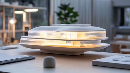 Poster - Modern architectural model displayed on a wooden desk illuminated by soft light, featuring clean lines and innovative design in a stylish interior setting.