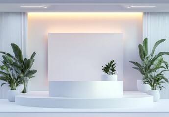 Aufkleber - Minimalist white reception desk with plants and blank sign.