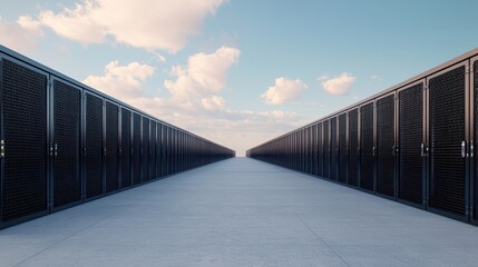 Poster - A vast corridor of servers stretches into the distance beneath a clear sky, showcasing modern data center infrastructure.